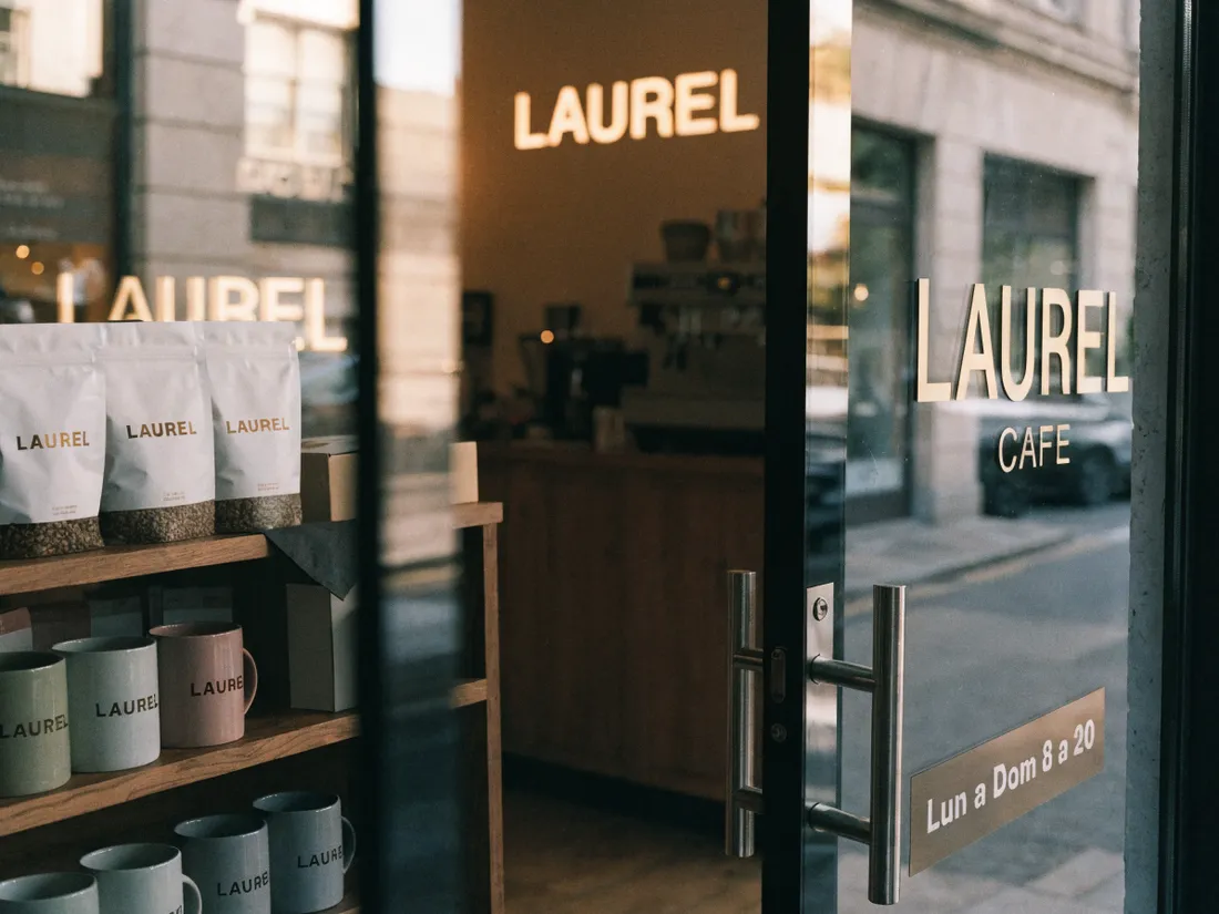 fachada del café de muestra LAUREL con letras retroiluminadas en la puerta de cristal y una placa de horarios de latón