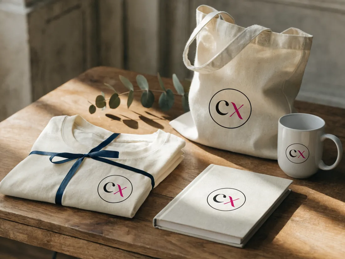 playeras, libreta, tote y taza con el sello cx de imprecxo, nuestra casa firma su propio merch