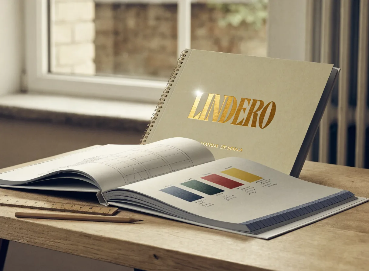 Manual de marca de arillo abierto sobre una mesa de roble con luz de ventana, con la retícula del logotipo en una página y la paleta de color impresa en la otra, y un segundo ejemplar de pie con el nombre LINDERO en foil dorado