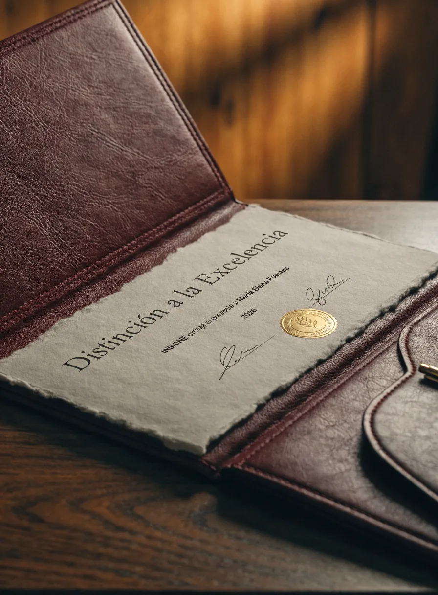 portafolio de piel color vino abierto con un diploma de reconocimiento en papel de algodón y un sello dorado