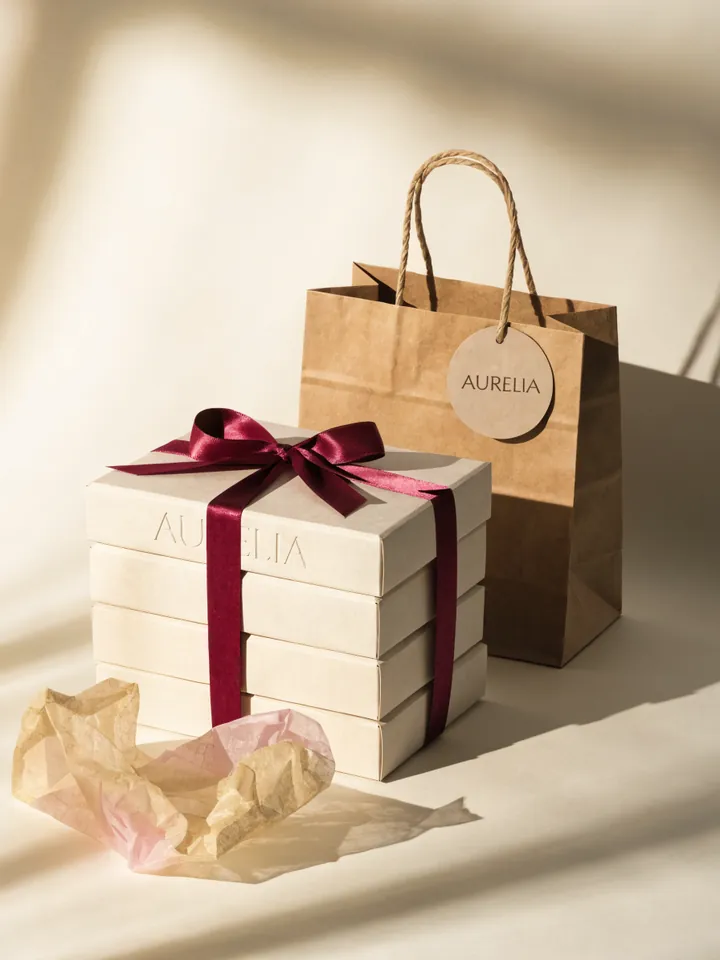 juego de cajas de regalo color hueso atadas con cinta de satín vino, con papel de seda y bolsa boutique con etiqueta