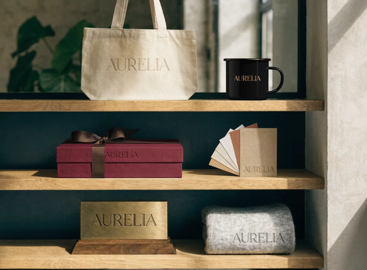Aparador de tienda con tres repisas de roble donde conviven un tote de lona, una taza esmaltada, una caja de regalo vino con listón, un juego de tarjetas, una placa de latón y una manta tejida, todos con la marca AURELIA