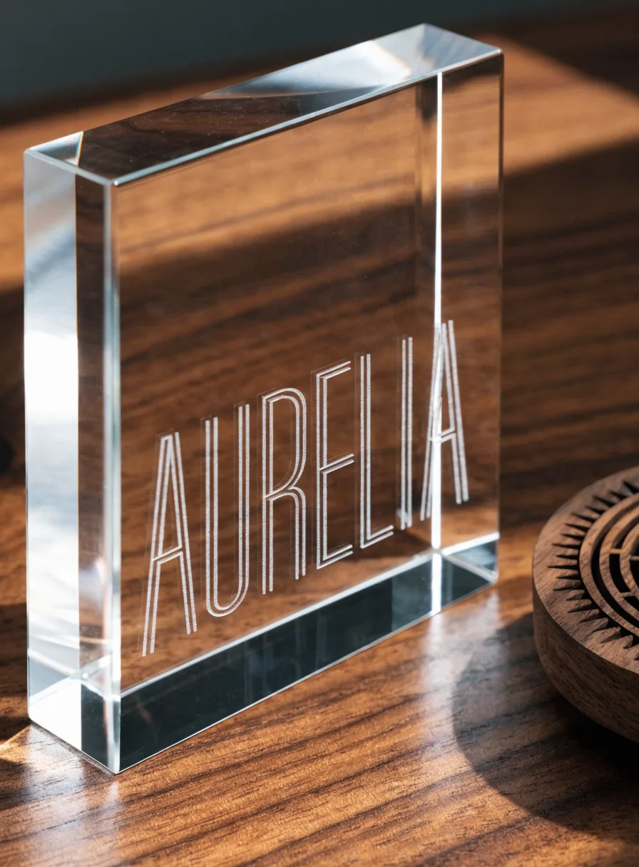 Bloque de cristal óptico con AURELIA grabada por dentro, junto a un posavasos de nogal cortado a láser