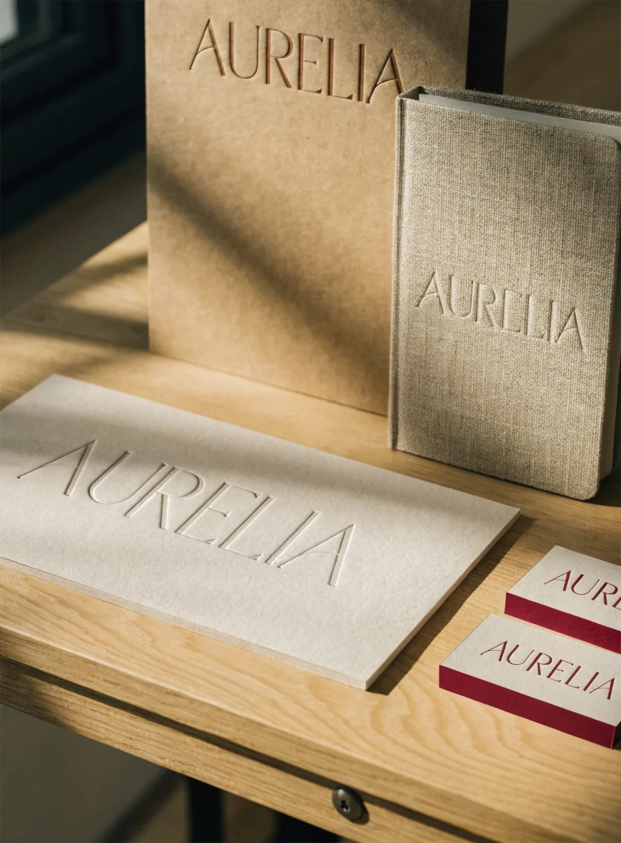 Hoja membretada, carpeta kraft y libreta de lino con la marca AURELIA en relieve, junto a dos tarjetas de canto vino