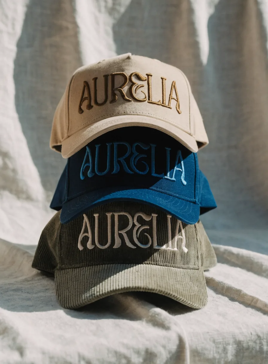 tres gorras apiladas en lona arena, sarga azul y pana olivo, cada una con AURELIA bordada al frente