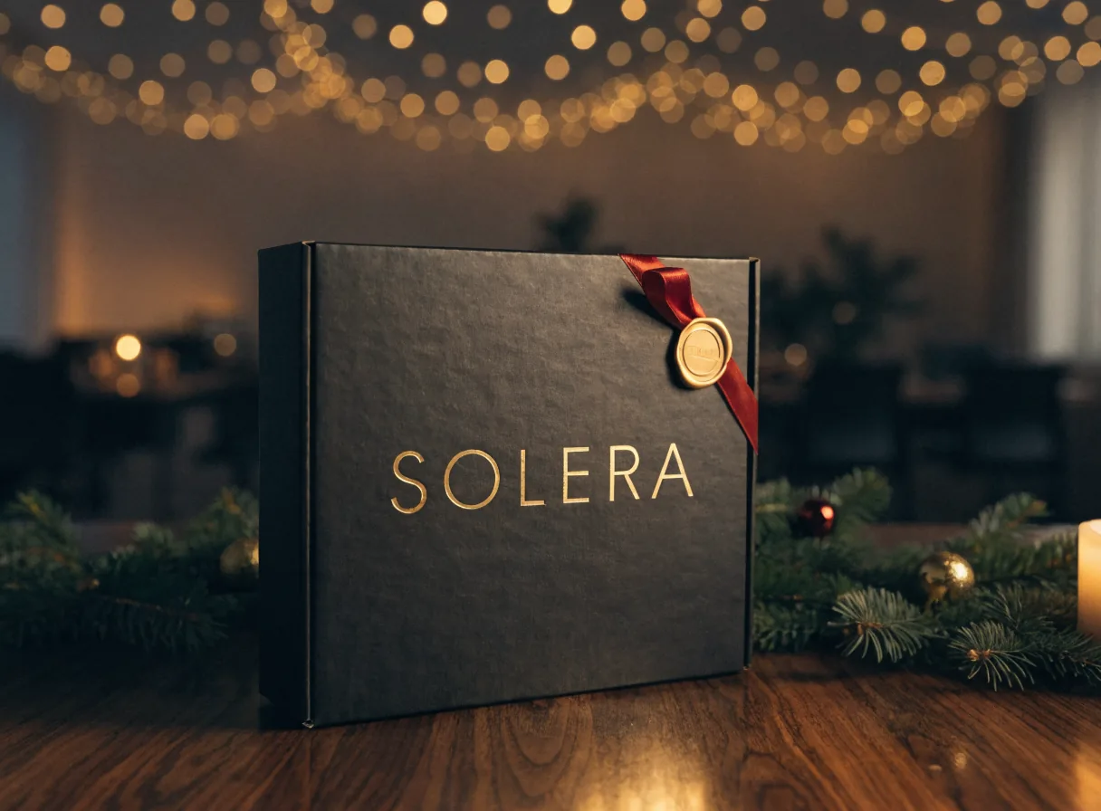 caja de regalo corporativa de fin de año en negro con la marca Solera en foil dorado, listón rojo y sello de cera dorado, sobre una mesa de nogal con una guirnalda de abeto, esferas rojas y doradas y las luces cálidas de una oficina al anochecer al fondo
