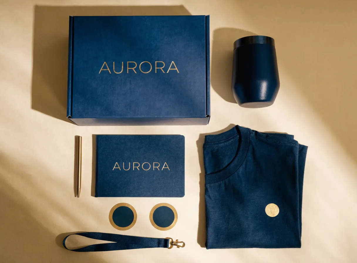 ocho piezas de la marca AURORA extendidas sobre fondo arena, la caja azul marino con el nombre en foil oro, termo, libreta, pluma dorada, dos posavasos, cordón de gafete y una playera doblada