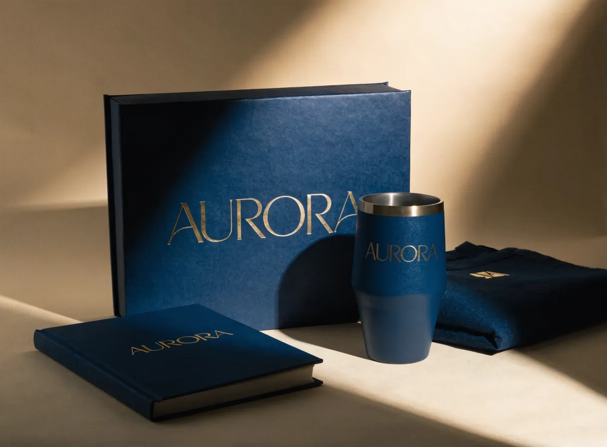 caja de lanzamiento Aurora en azul marino con foil dorado, junto al termo, la libreta y la playera del kit