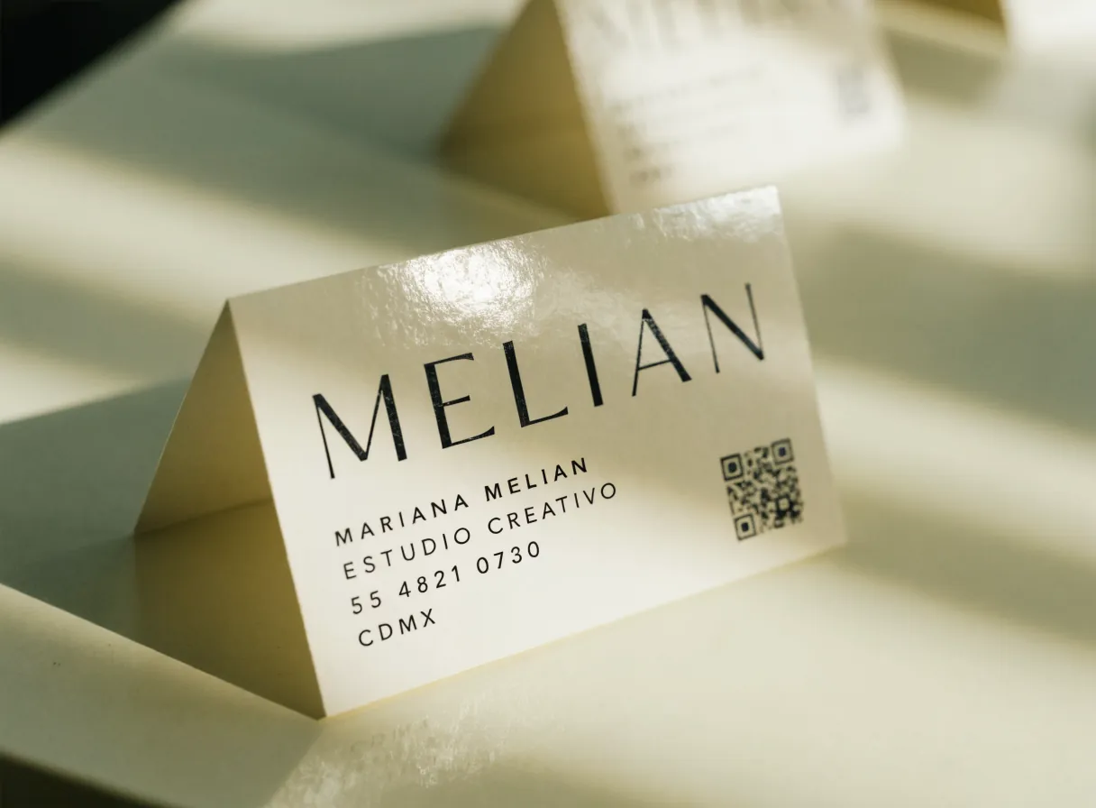 tarjeta de presentación en papel fino con la marca Melián a color, un barniz tono sobre tono al detalle y un código QR impreso