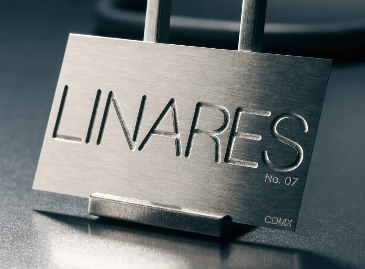 tarjeta de presentación de acero cepillado con la marca Linares y el número de edición 07 grabados en la superficie, sobre un pequeño soporte