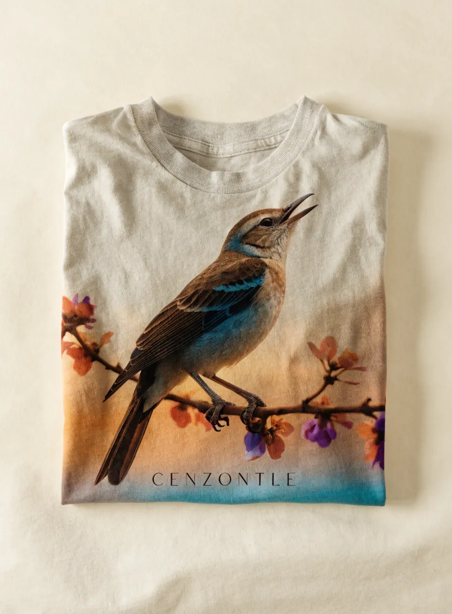 playera blanca con un cenzontle fotográfico impreso a todo color en DTG sobre el pecho