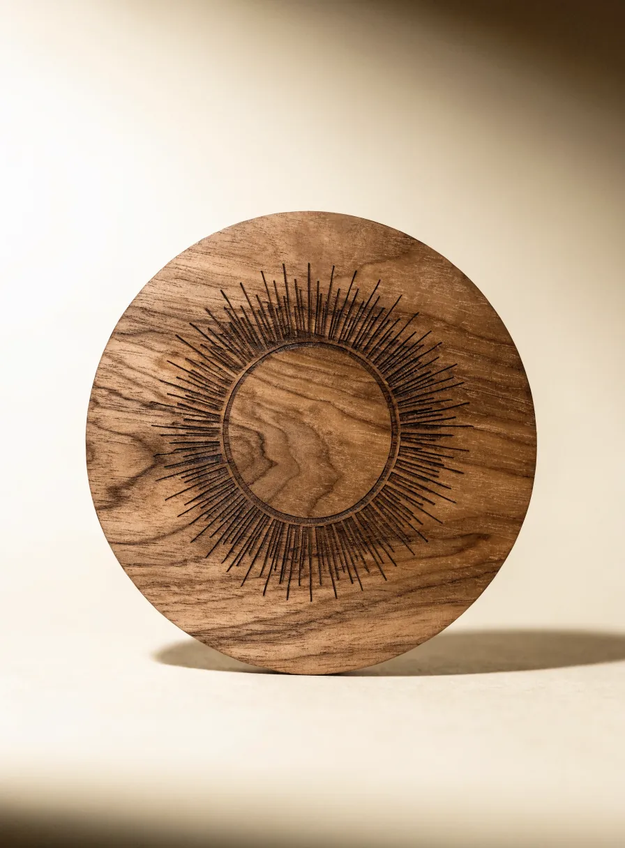 disco de madera de nogal con un emblema solar grabado a láser sobre la veta, cada línea siguiendo el hilo de la madera
