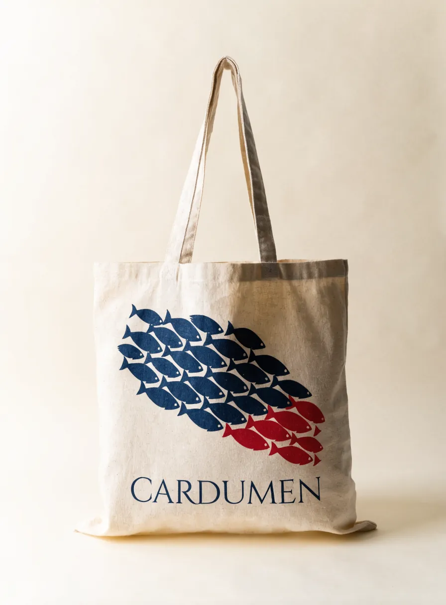 tote de algodón crudo con una parvada de peces bordada en dos tintas azul y terracota, colgado sobre una prensa de serigrafía