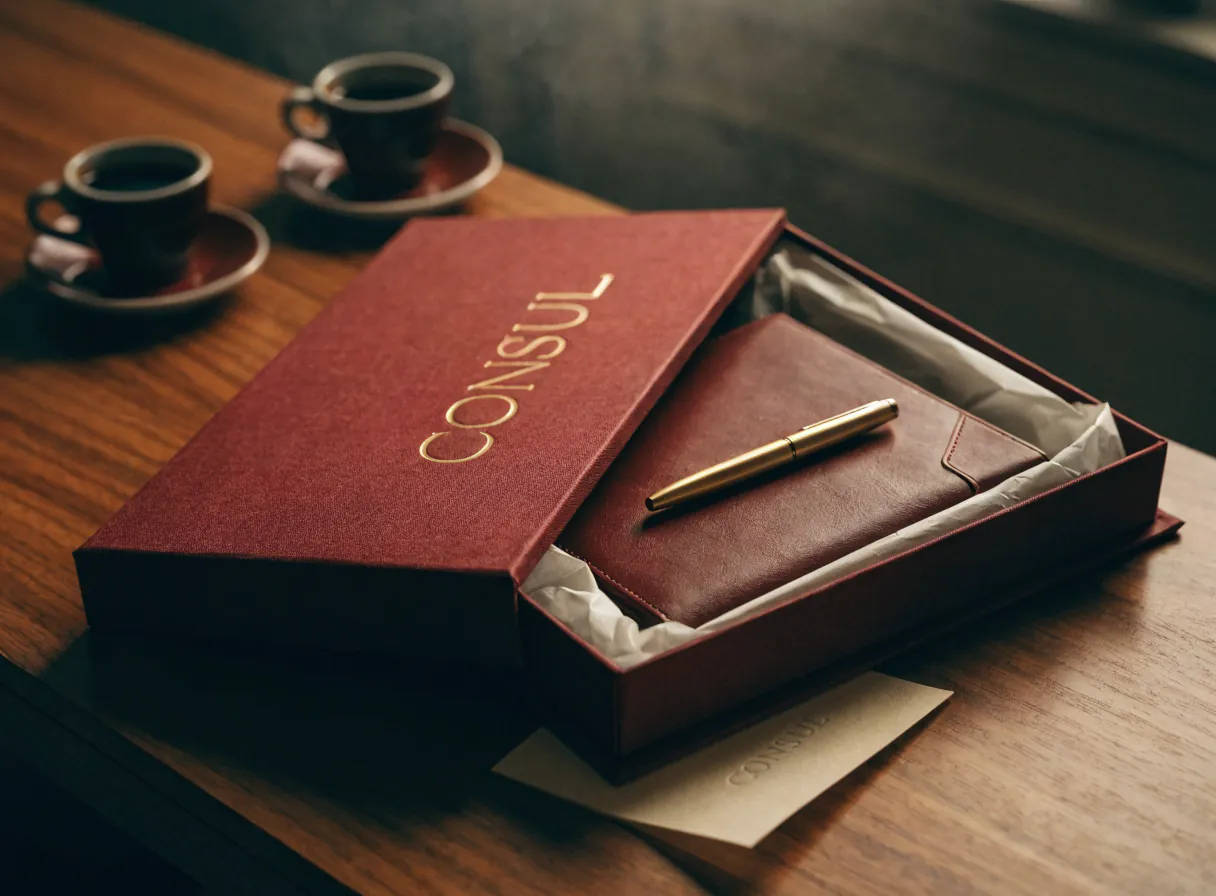 una caja rígida de tela vino recién abierta sobre un escritorio de nogal, con la marca Consul en foil dorado en la tapa y, dentro, un portafolio de piel vino y una pluma de latón cepillado sobre papel de seda marfil