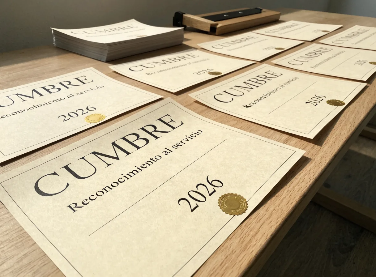 tanda de diplomas de servicio impresos en papel mate crema con la marca Cumbre, la línea Reconocimiento al servicio y el año 2026, acomodados en filas sobre una mesa de oficina junto a la prensa de sellar y un fajo de hojas iguales