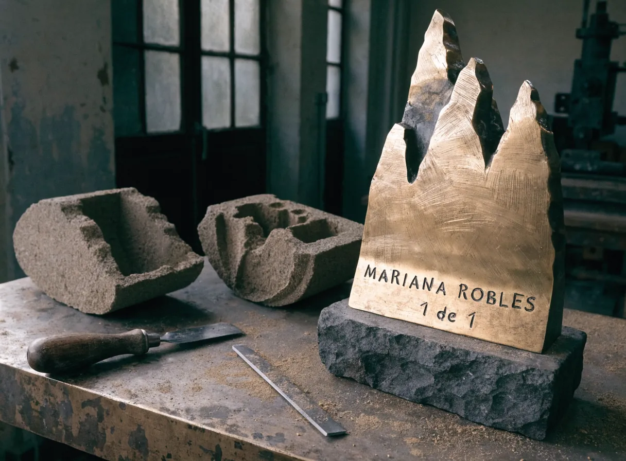 escultura de reconocimiento en bronce fundido sobre una base de piedra volcánica, con el nombre de Mariana Robles y la leyenda 1 de 1 grabados a mano, junto a las mitades del molde de arena en el banco de la fundición