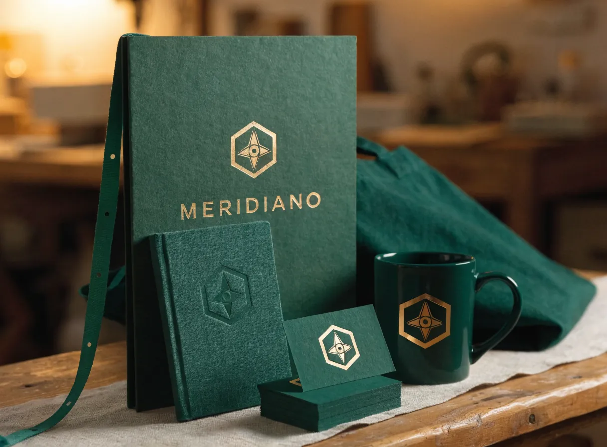 sistema de papelería corporativa de la marca ficticia Meridiano en verde bosque, con folder y libreta de relieve y emblema de brújula en foil oro sobre una mesa de taller