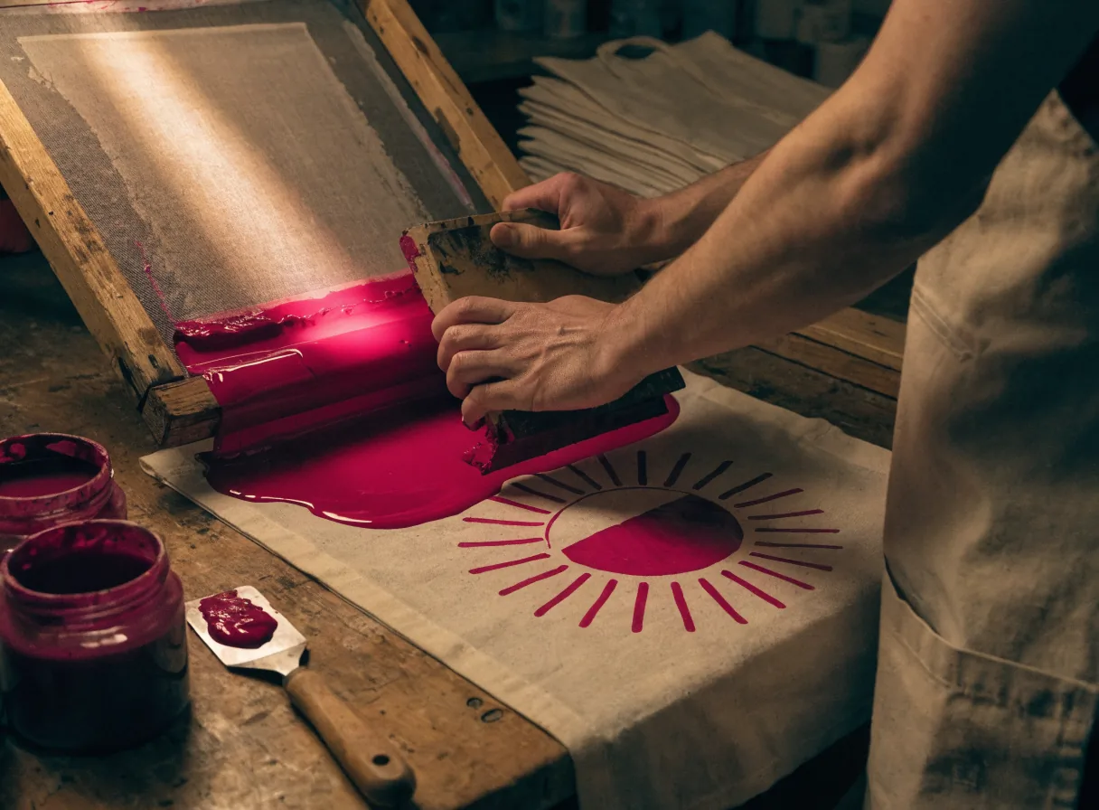 Manos tiran la racleta de serigrafía sobre el marco de madera, la tinta magenta inunda la malla y un emblema de sol impreso aparece sobre un tote de algodón crudo, con tarros de tinta y blancos apilados en la mesa del taller