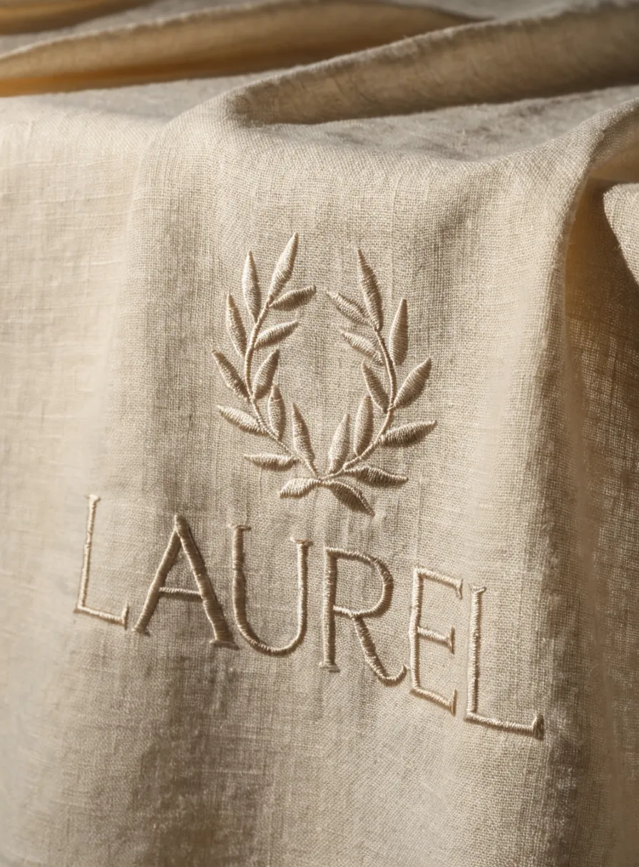 camino de mesa de lino con emblema de laurel bordado en satin-stitch