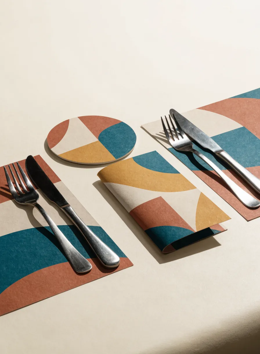 manteles individuales y portavasos de colores con patrones geométricos sobre la mesa