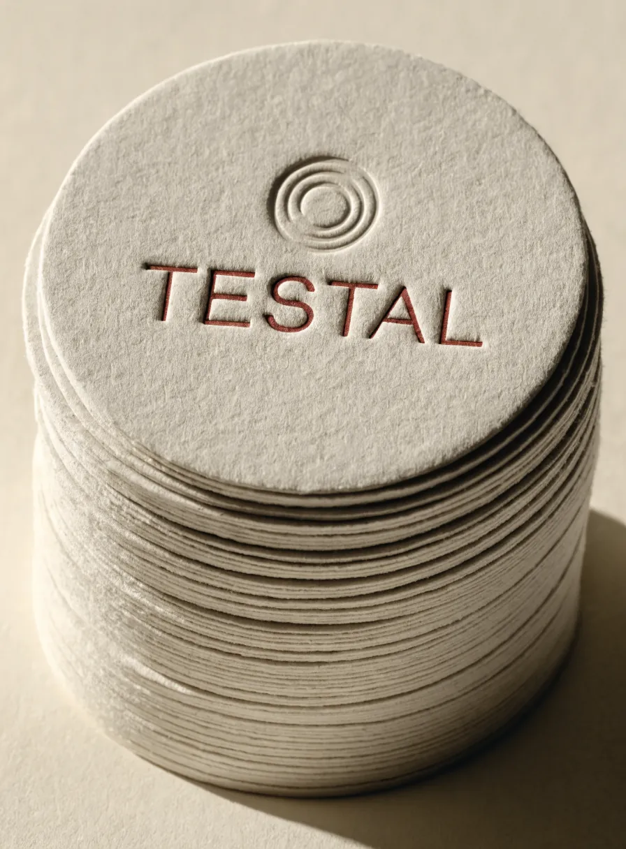 pila de posavasos redondos de cartón prensado crema con emblema y marca en letterpress a tinta terracota
