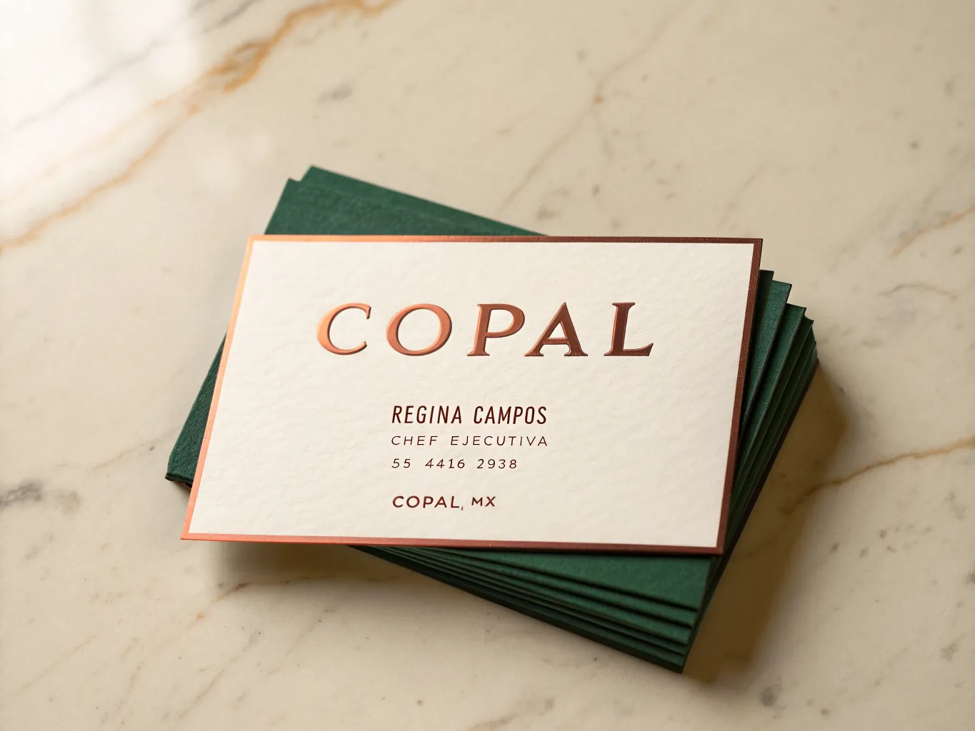 fajo de tarjetas color crema con el canto pintado en verde y el texto COPAL en foil de cobre, sobre una mesa de mármol claro