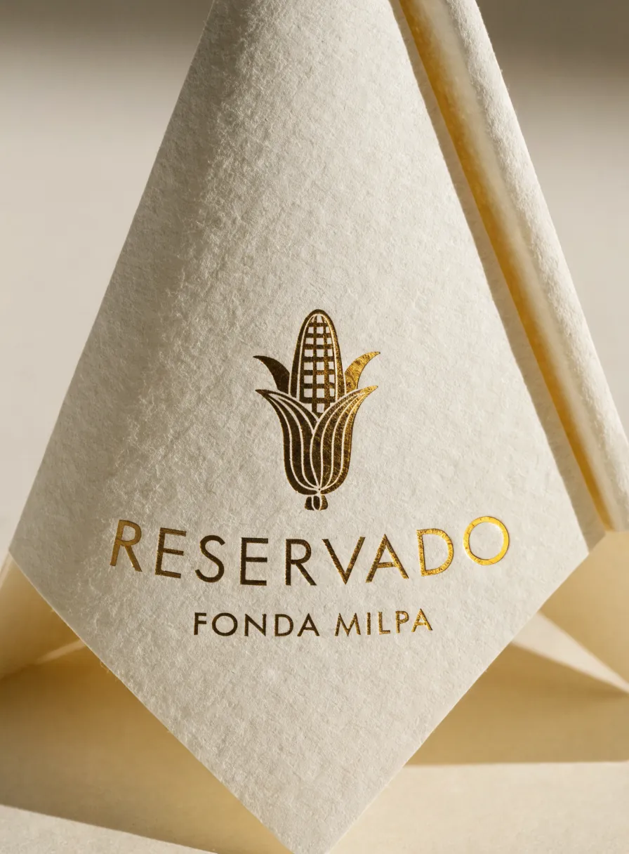 tarjeta de mesa que dice Reservado con la marca Fonda Milpa y la mazorca en foil dorado