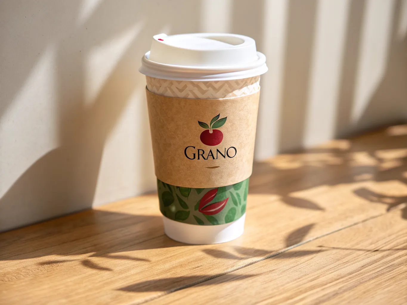 vaso de papel con tapa blanca, faja de kraft impresa con un fruto de café rojo y la palabra Grano, y una banda de hojas verdes debajo, sobre una mesa de madera al sol