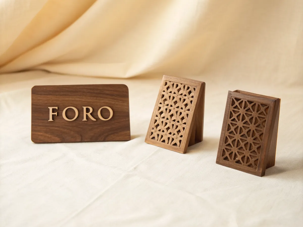 señales de mesa en madera de nogal con el nombre en relieve y celosías talladas, sobre lino