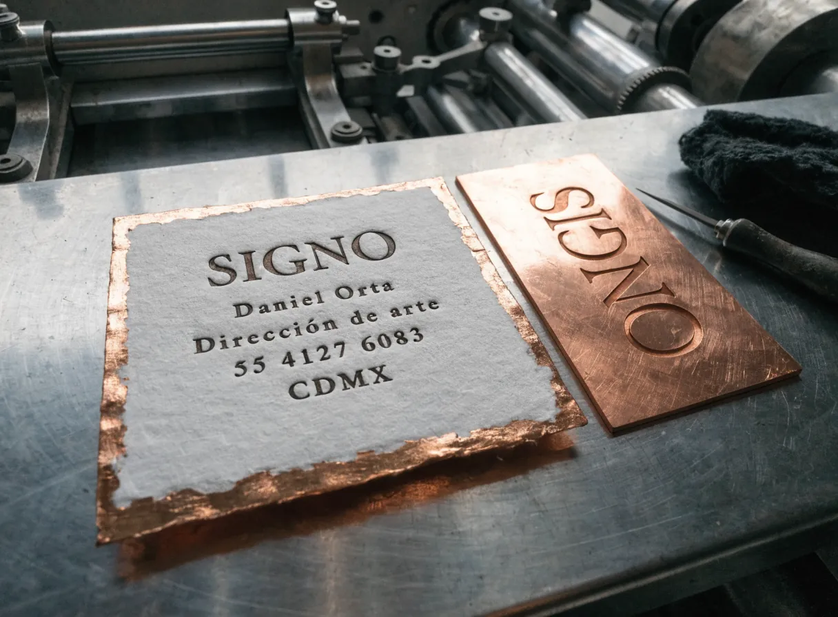 tarjeta de la marca ficticia SIGNO en papel de algodón hecho a mano con las orillas doradas en cobre e impresa a golpe, junto a la placa de cobre grabada en espejo que se cortó solo para ese nombre