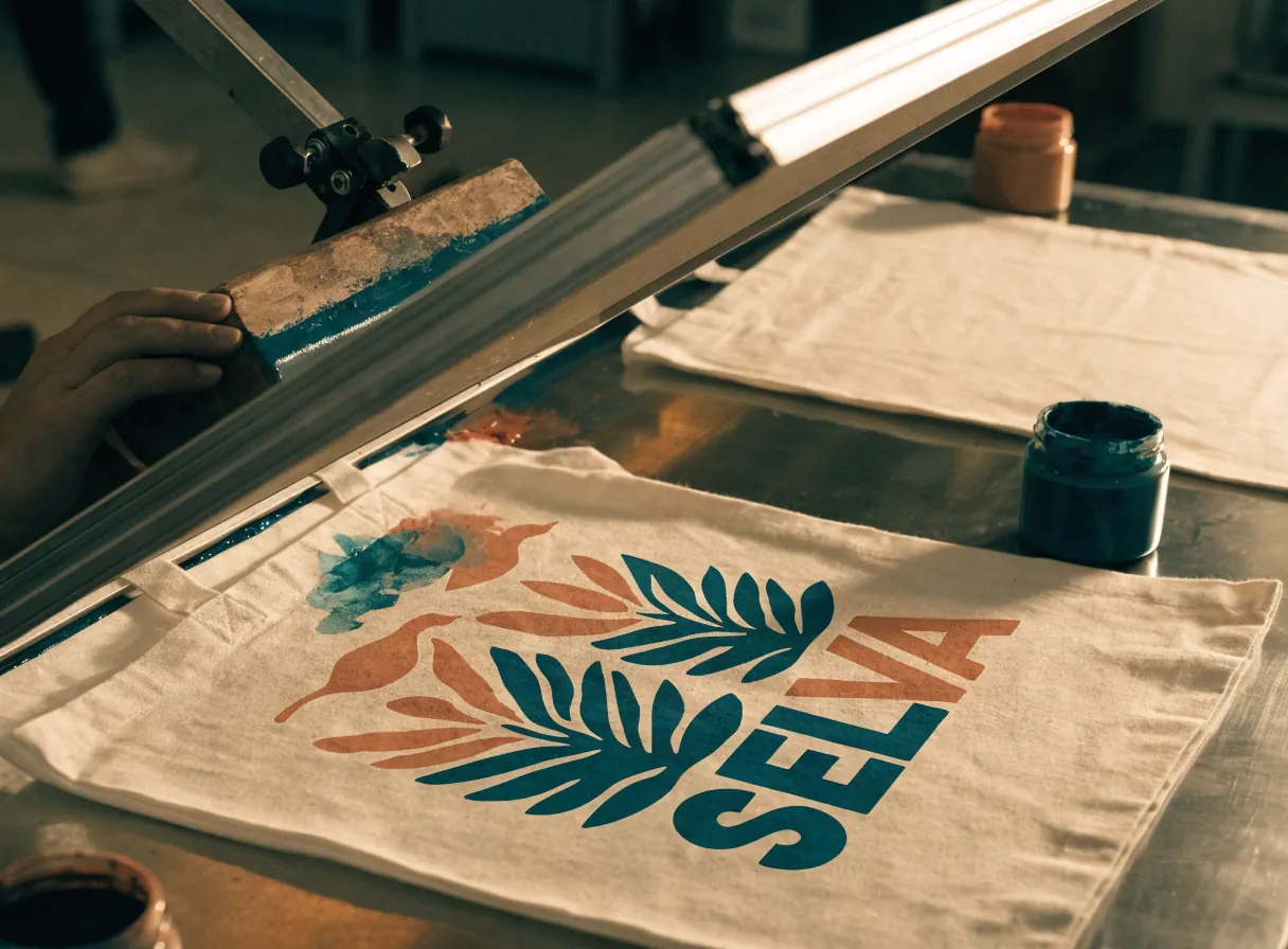 una mano jala la rasqueta cargada de tinta turquesa sobre el marco de una prensa de serigrafía, con un tote recién impreso sobre la cama de acero