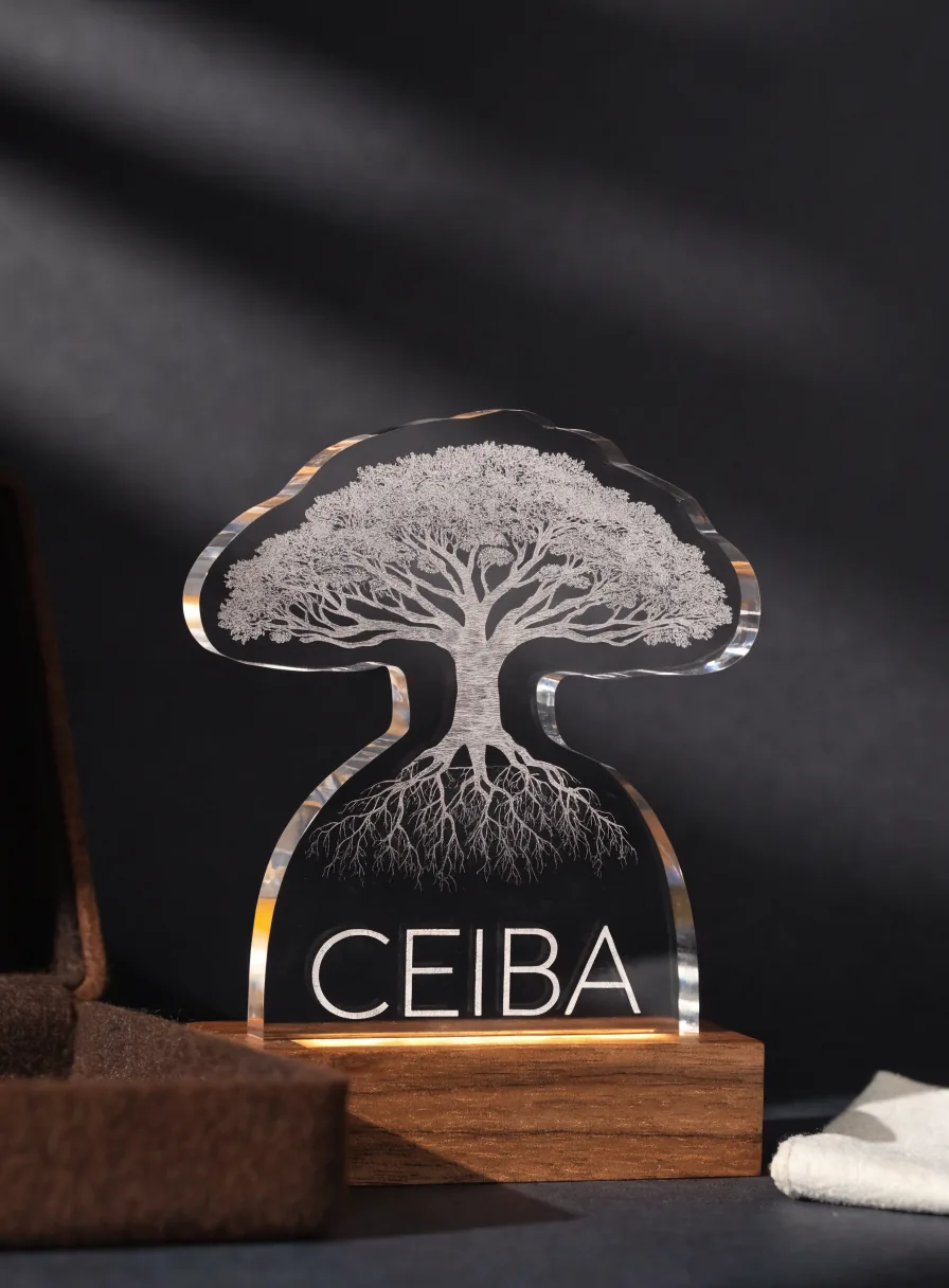 trofeo de cristal cortado con la silueta de una ceiba de copa ancha, con la copa y la raíz del mismo árbol grabadas en tercera dimensión dentro de la masa, montado en una base de nogal encendida junto a su estuche forrado, con la palabra Ceiba grabada al pie