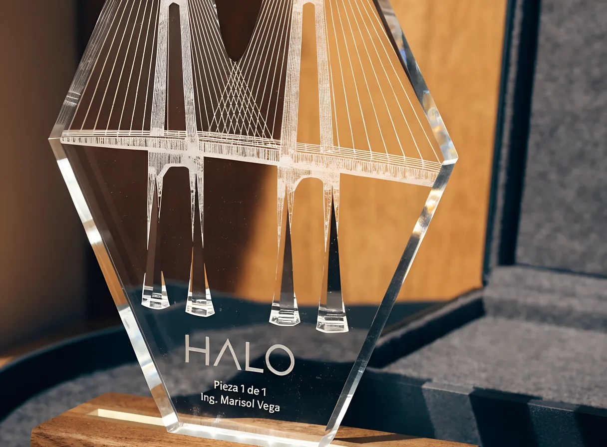 trofeo de cristal cortado con la silueta de un puente atirantado, con el mismo puente grabado en tercera dimensión dentro, sobre una base de nogal con luz y junto a su estuche forrado