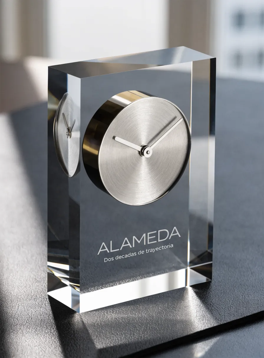 bloque de cristal macizo con una carátula de reloj de acero montada dentro, sobre un escritorio oscuro, con la palabra Alameda grabada abajo