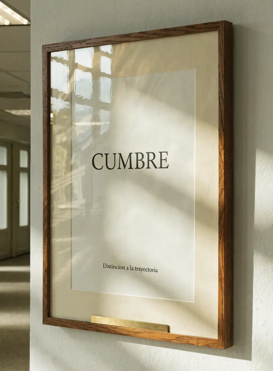 diploma enmarcado en roble con paspartú colgado en un pasillo, impreso con la palabra Cumbre y con una placa de latón al pie del marco