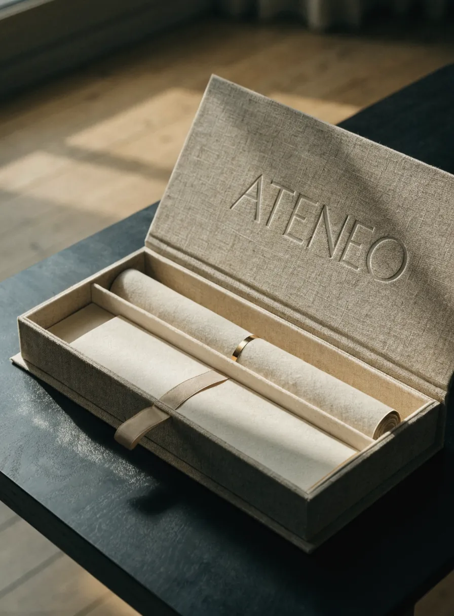 estuche forrado en lino con la palabra Ateneo en realce ciego en la tapa, abierto con un diploma enrollado en su canal y otro plano con listón