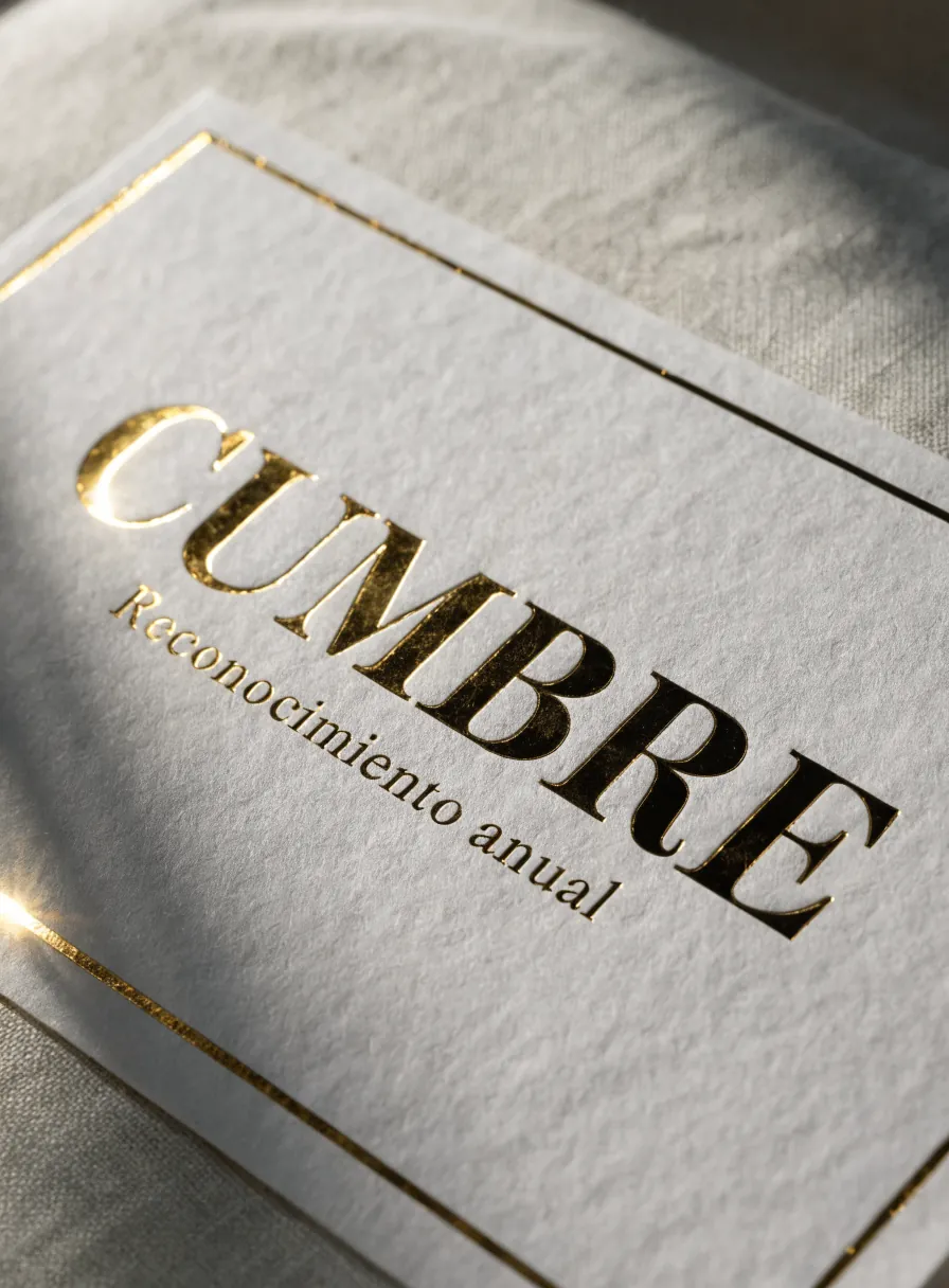 diploma de papel de algodón con la palabra Cumbre estampada en foil dorado y un filete dorado enmarcando la hoja