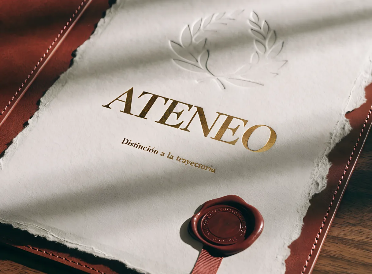 diploma de papel de algodón de borde irregular con la palabra Ateneo en foil dorado, una corona de laurel en realce ciego y un sello de cera vino con listón, sobre una carpeta de piel