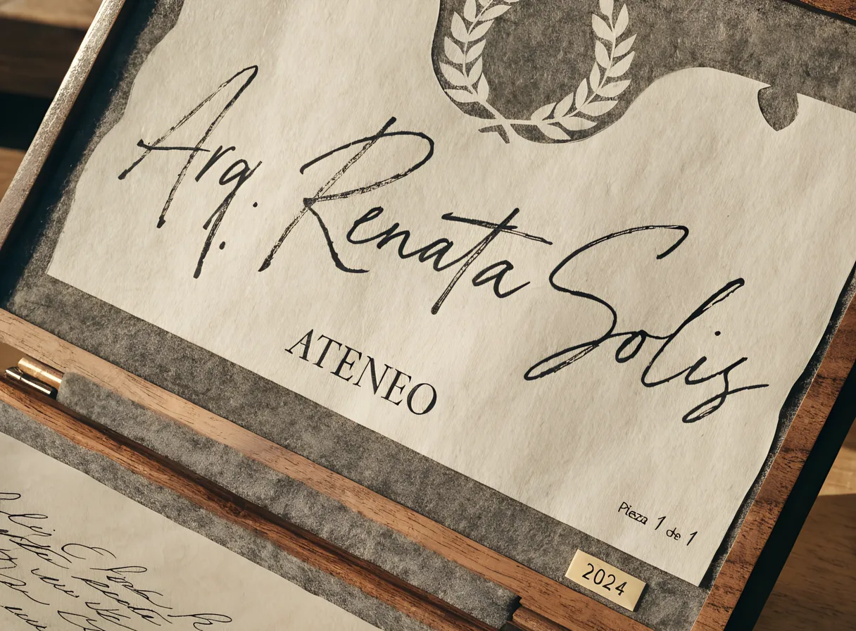 diploma único con el borde superior troquelado en forma de corona y el nombre Arq. Renata Solis escrito a mano con plumilla, dentro de un estuche de nogal forrado en fieltro