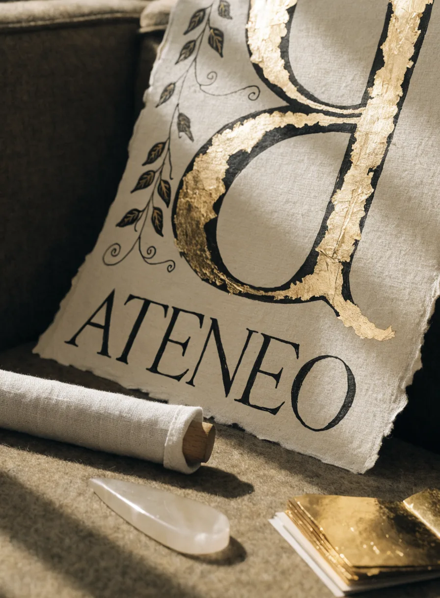 diploma en papel de algodón hecho a mano con los cuatro bordes deckle, apoyado en un banco forrado de fieltro, con una capitular pintada a mano en tinta y hoja de oro bruñida donde se ven las orillas de cada hoja, una guarda de vid pintada a mano al costado y la palabra Ateneo trazada a mano con plumilla, junto al cojín del dorador, un bruñidor de ágata y un cuadernillo de hoja de oro suelta