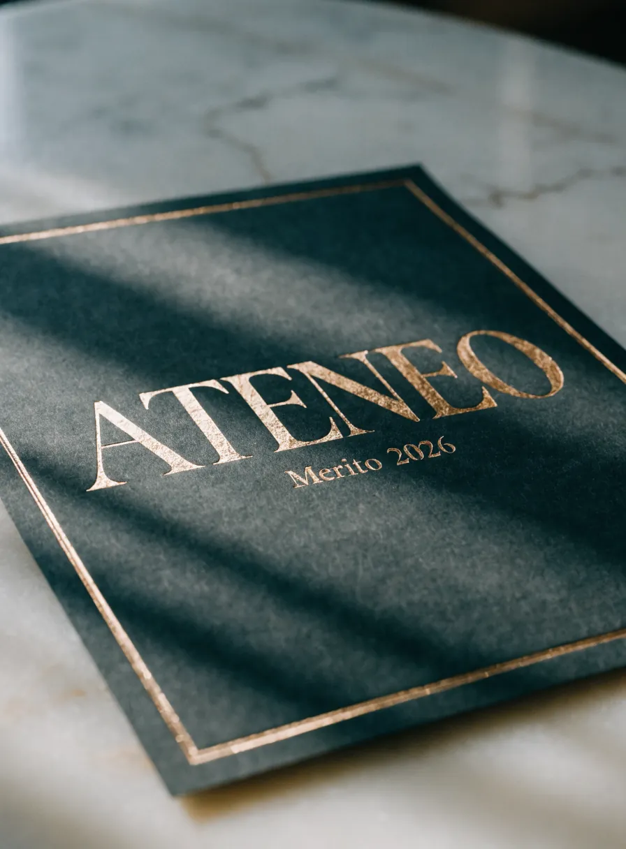 diploma en papel de algodón verde oscuro con la palabra Ateneo estampada en foil champán y un filete dorado alrededor de la hoja