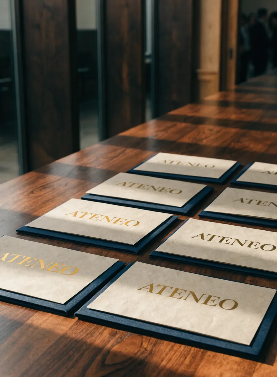ocho diplomas de papel de algodón con foil dorado alineados en dos hileras sobre una mesa larga de nogal, cada uno sobre su carpeta azul