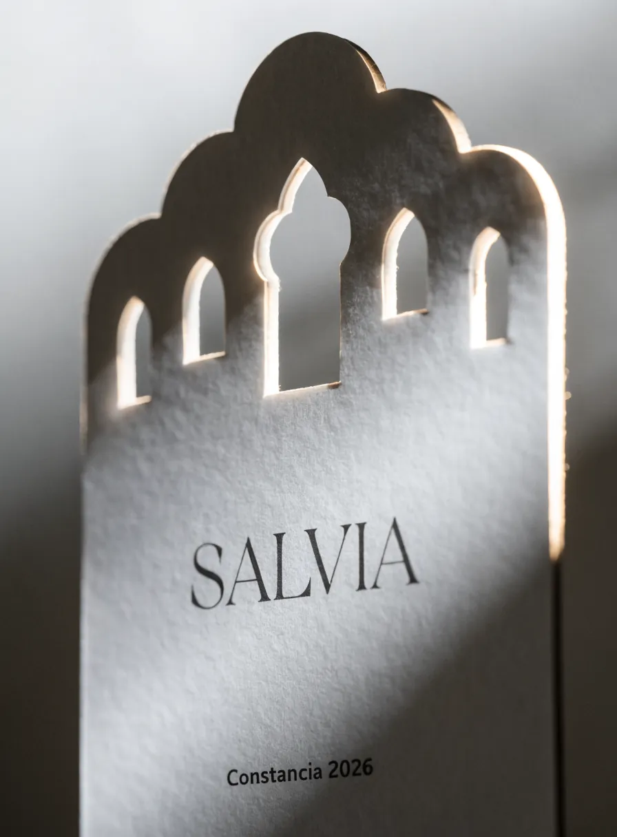 diploma con el borde superior troquelado en arcos calados por donde pasa la luz, impreso con la palabra Salvia y la línea Constancia 2026