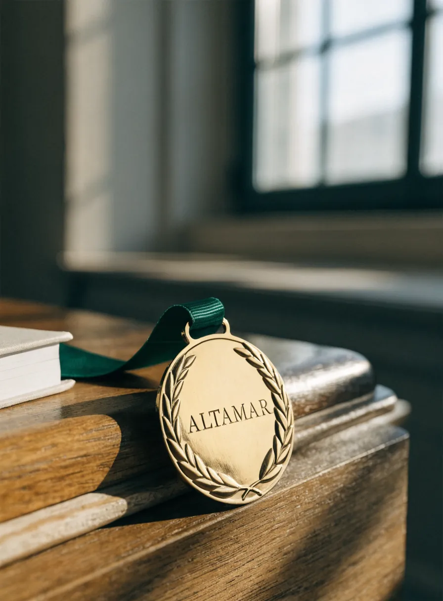 medalla redonda con baño de oro satinado y orla de laurel en bajo relieve, acuñada con la palabra ALTAMAR, colgando de una cinta tejida verde sobre la tapa de madera de un pupitre