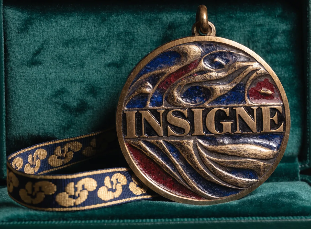 medalla gruesa de bronce fundido con relieve profundo, canto biselado pulido y esmalte a fuego azul y vino en los rebajes, acuñada con la palabra INSIGNE, tendida sobre el terciopelo verde de su estuche abierto con la cinta jacquard azul y oro enroscada al lado