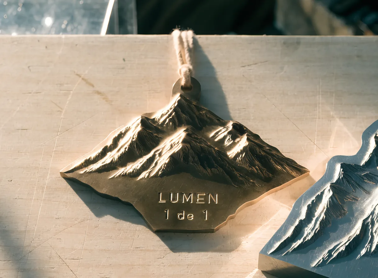 medalla de bronce acuñada con la silueta de una cordillera en vez de un círculo, con las cumbres en alto relieve y las líneas LUMEN y 1 de 1 acuñadas en la parte plana de abajo, colgando de un cordón de algodón sin teñir, sobre el banco de fresno de un taller de troqueles junto a la pieza de acero que la acuñó
