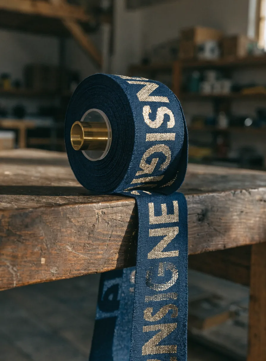 rollo de cinta jacquard azul marino a medio desenrollar sobre el banco de un taller textil, con la palabra INSIGNE tejida en hilo dorado y repetida a lo largo, con la estructura del tejido visible en las letras