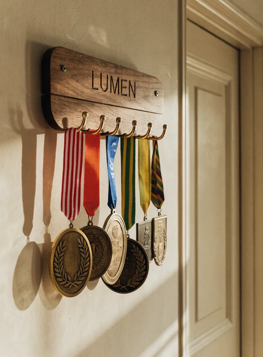 medallero de nogal aceitado montado en el muro claro de un pasillo de casa, con seis medallas de formas distintas colgando de sus ganchos de latón por sus cintas tejidas, y la palabra LUMEN grabada en la cabecera de madera