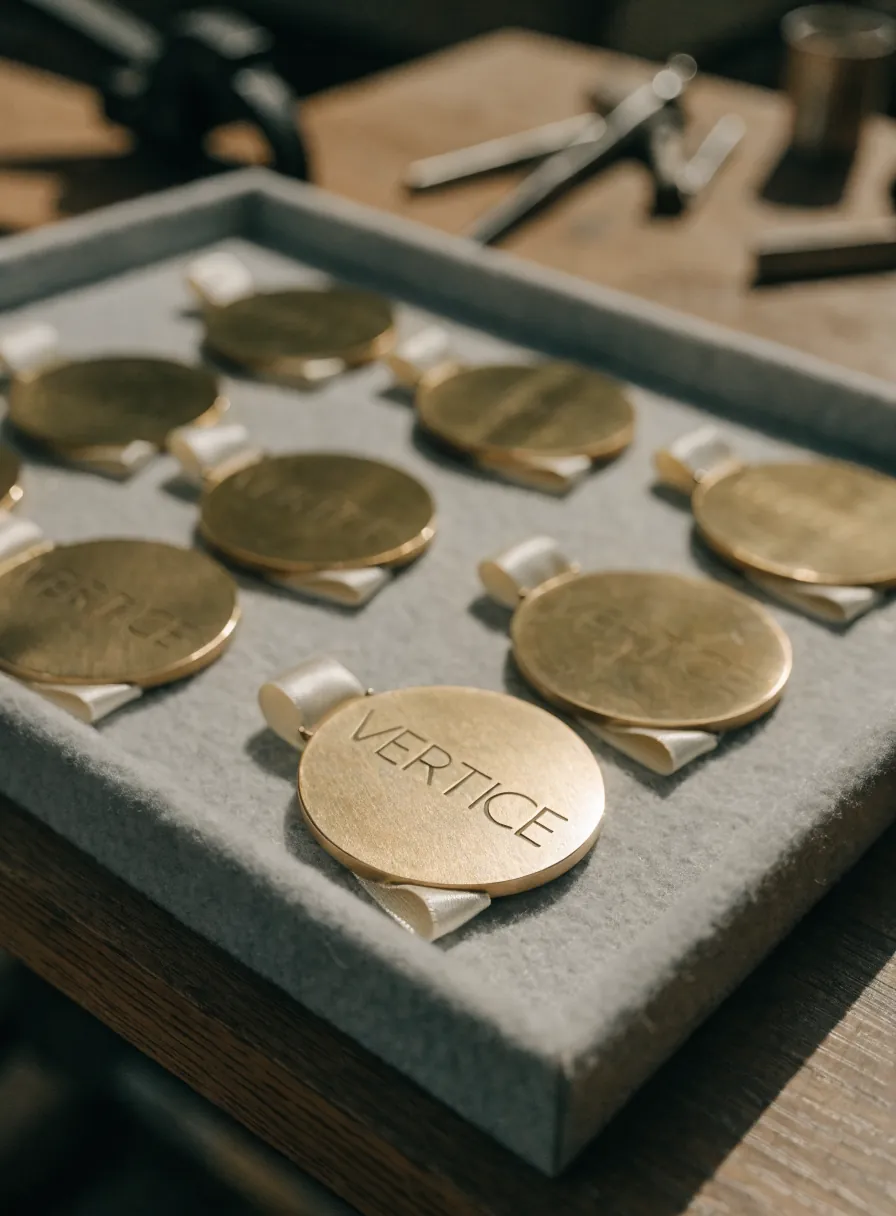 bandeja de fieltro gris sobre un banco con ocho medallas de bronce fundido en dos filas, cada una con su cinta color crema doblada debajo, con la primera nítida y acuñada con la palabra VERTICE y las demás fuera de foco