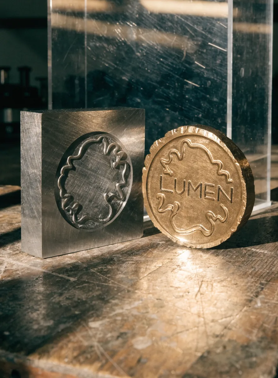 bloque de acero templado con el diseño de la medalla cortado en negativo sobre su cara, acostado en el banco de un taller de troqueles junto a la medalla de bronce recién acuñada con la palabra LUMEN y el canto del disco todavía sin recortar